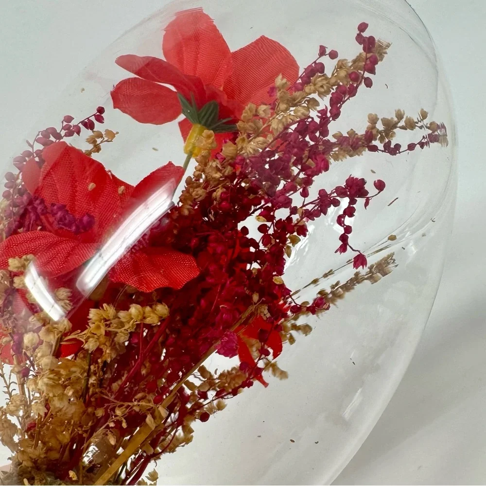 Vintage 1970s Floral Glass Egg Diorama Red Boho Hibiscus Flowers